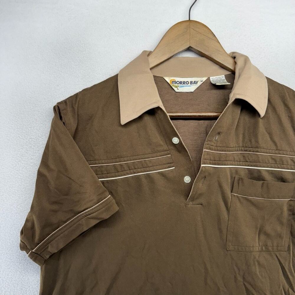Vintage Morro Bay Polo Shirt Men's Medium Brown Knit Rockabilly Bowling 70s 80s